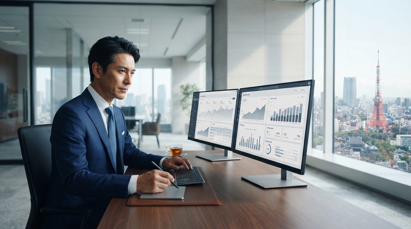 PensabourseのAIデータ分析ダッシュボードを操作するイメージ